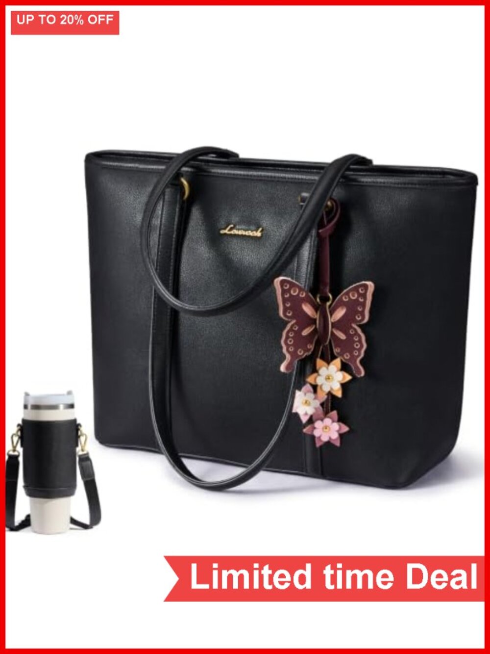 Vegan Leather Tote Bag with Butterfly Pendant, Work Satchel with Water Bottle